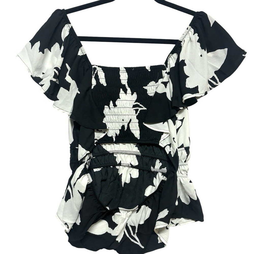 Sienna Sky Black Floral Blouse Smocked Flutter Sleeve Milkmaid Airy Womens L NWT - Picture 3 of 8